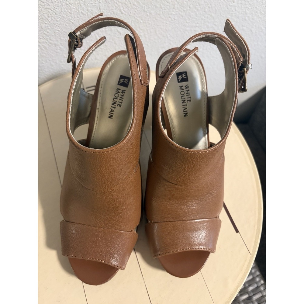 White Mountain~ District~8M~ Brown Leather Peep Toe Slingback Block High Heels - Picture 11 of 14